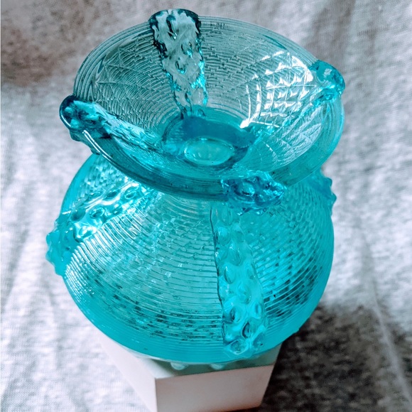 Northwood Blue Opalescent Button Panels Footed Rose Bowl - Picture 3 of 4